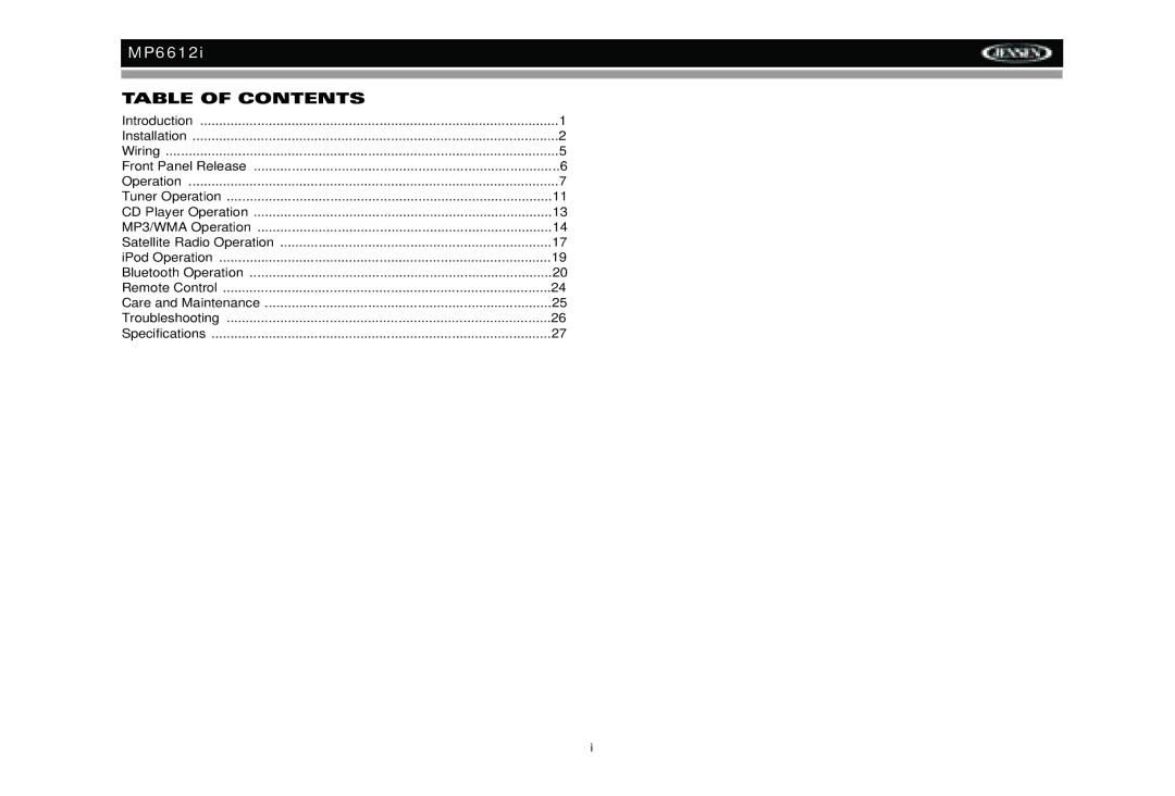 Jensen MP6612i manual Table of Contents 