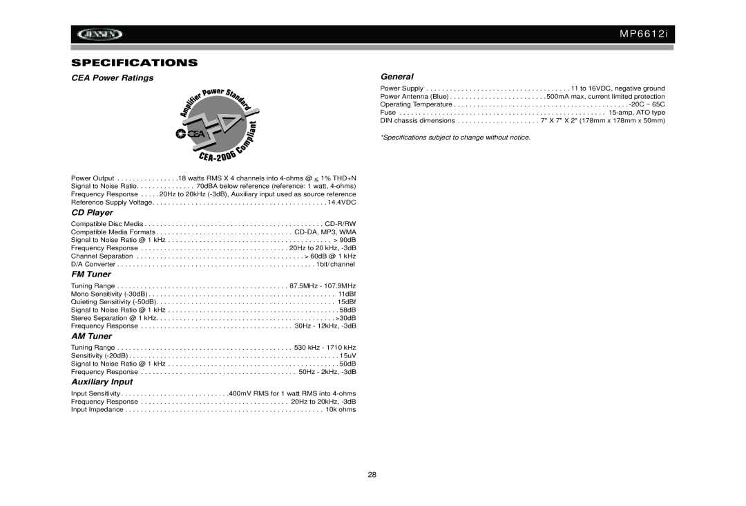 Jensen MP6612i manual Specifications 