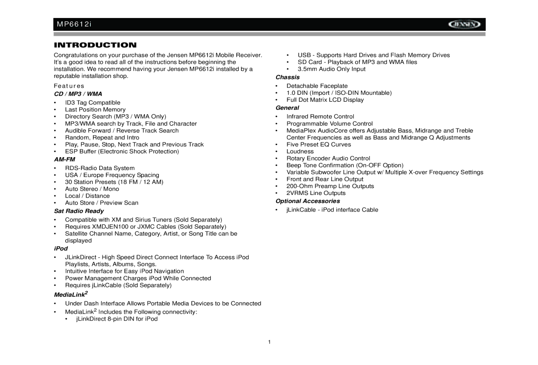 Jensen MP6612i manual Introduction, Features 