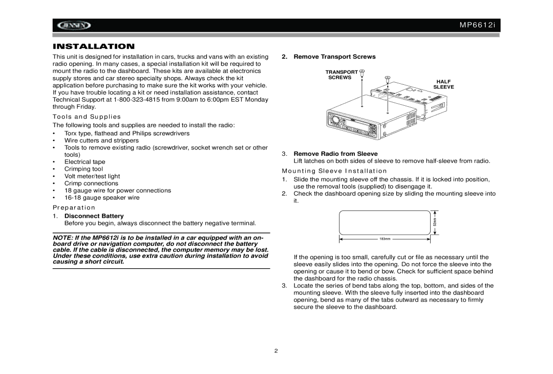 Jensen MP6612i manual Tools and Supplies, Preparation, Mounting Sleeve Installation 