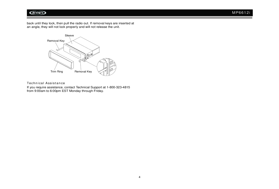 Jensen MP6612i manual Technical Assistance 