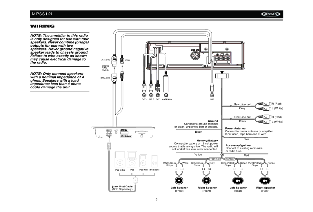 Jensen MP6612i manual Wiring, Memory/Battery 