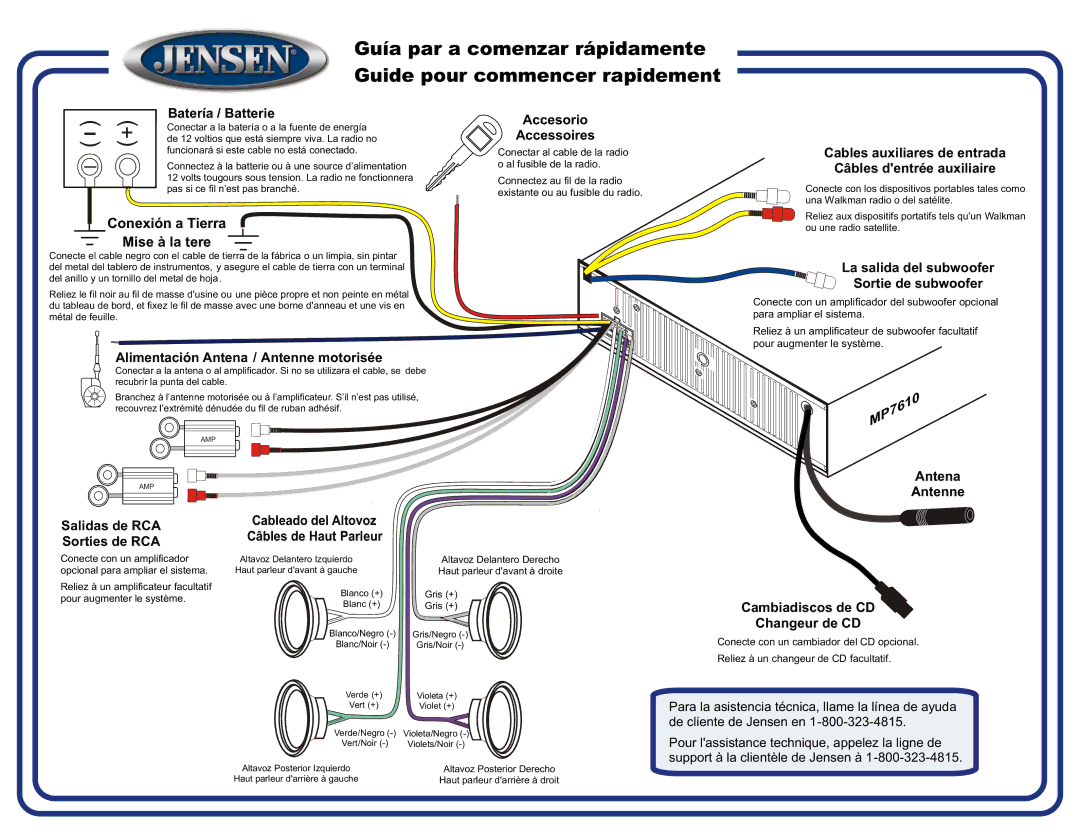 Jensen MP7610 quick start Batería / Batterie, Accesorio Accessoires, Cables auxiliares de entrada Câbles dentrée auxiliaire 