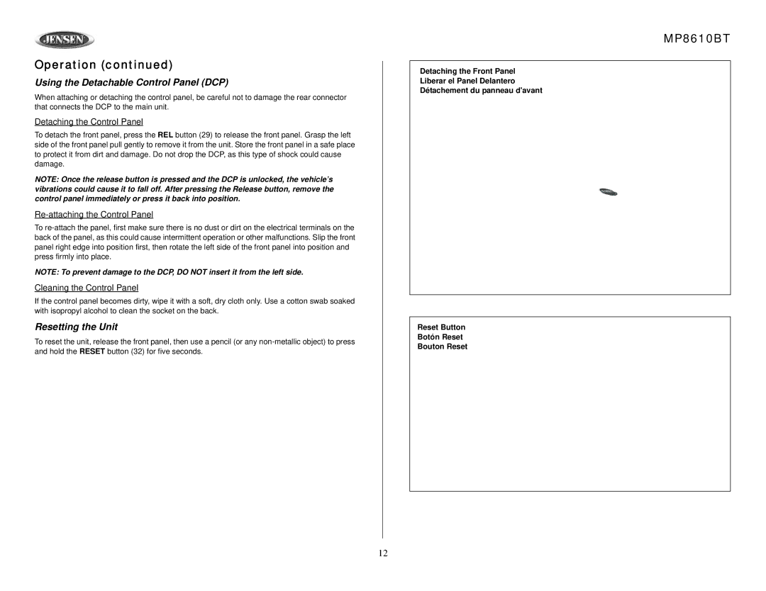Jensen MP8610BT Operation, Using the Detachable Control Panel DCP, Resetting the Unit, Detaching the Control Panel 