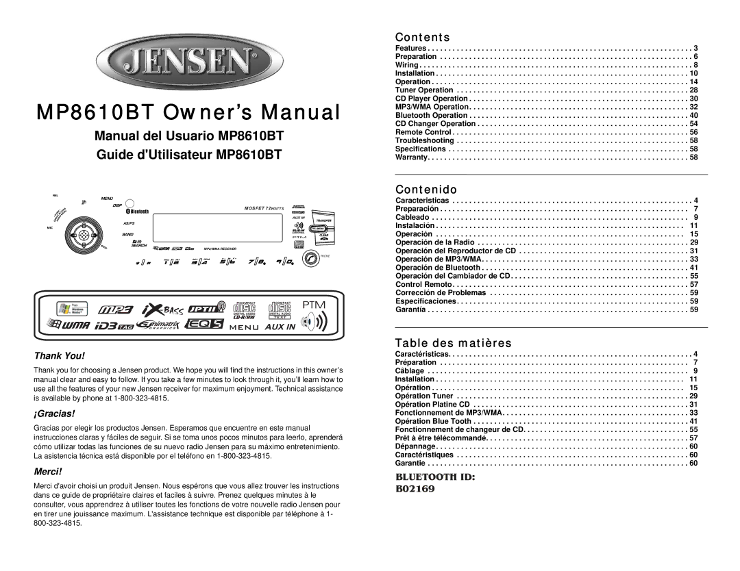 Jensen MP8610BT owner manual 