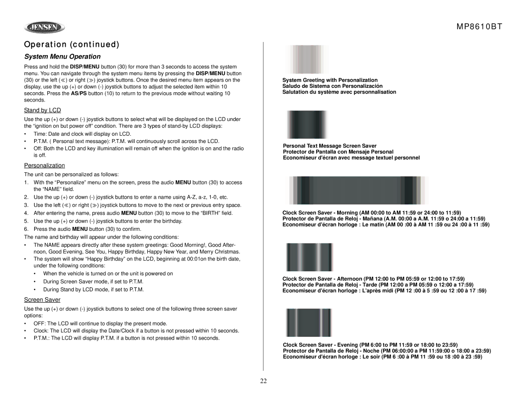 Jensen MP8610BT owner manual System Menu Operation, Stand by LCD, Personalization, Screen Saver 