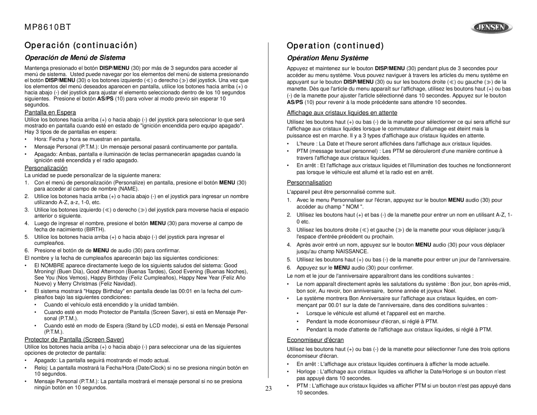 Jensen MP8610BT Operación continuación Operation, Operación de Menú de Sistema Opération Menu Système, Personalización 