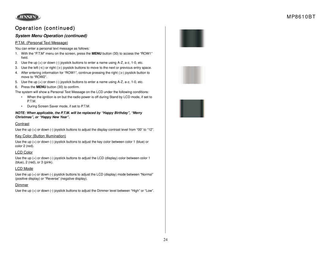 Jensen MP8610BT owner manual M. Personal Text Message, Contrast, Key Color Button Illumination, LCD Color, LCD Mode, Dimmer 