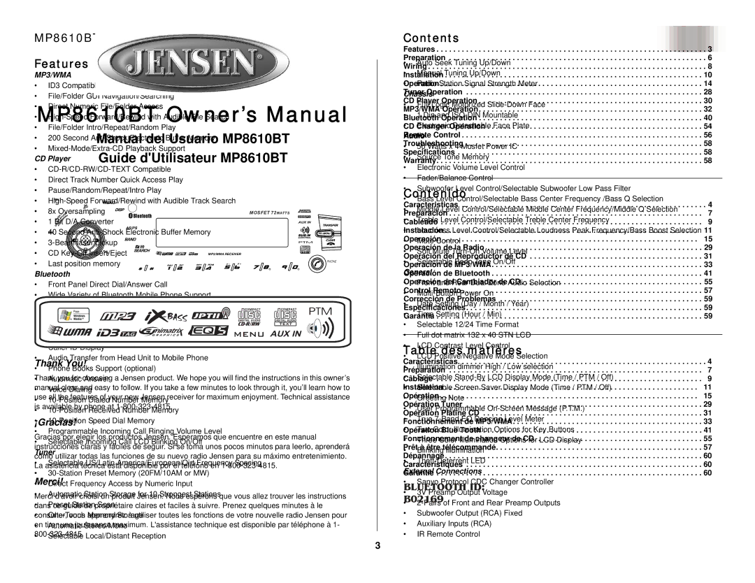 Jensen owner manual MP8610BT Features, MP3/WMA 