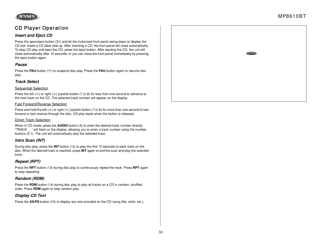 Jensen MP8610BT owner manual CD Player Operation 