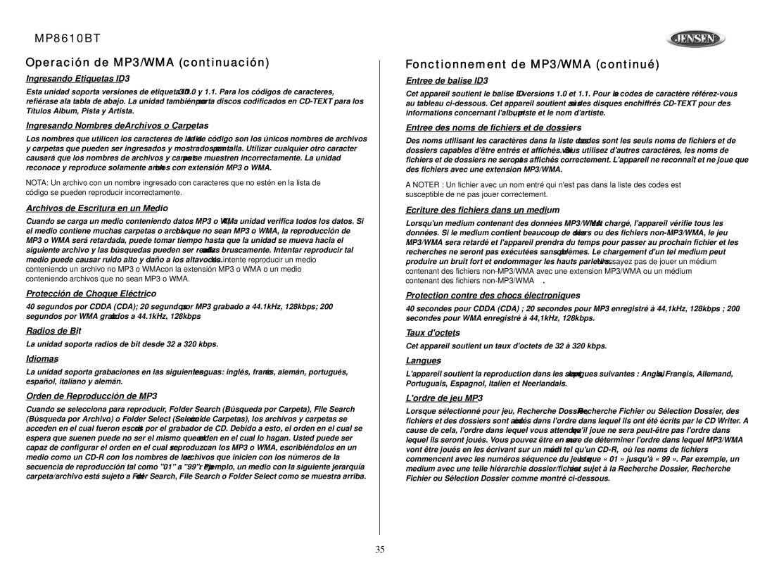 Jensen owner manual MP8610BT Operación de MP3/WMA continuación, Fonctionnement de MP3/WMA continué 