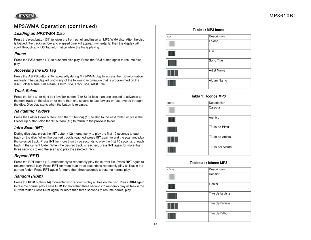 Jensen MP8610BT owner manual Loading an MP3/WMA Disc, Accessing the ID3 Tag, Navigating Folders 