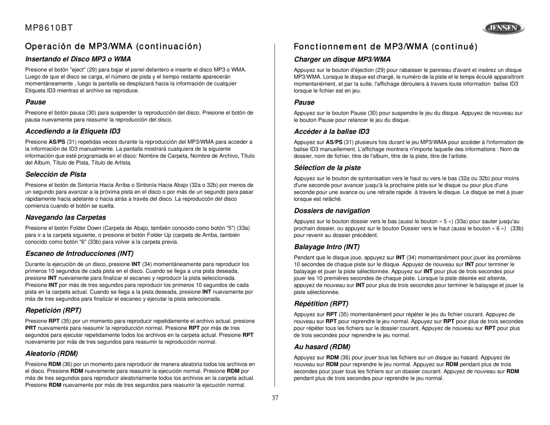 Jensen MP8610BT Insertando el Disco MP3 o WMA, Accediendo a la Etiqueta ID3, Navegando las Carpetas, Aleatorio RDM 
