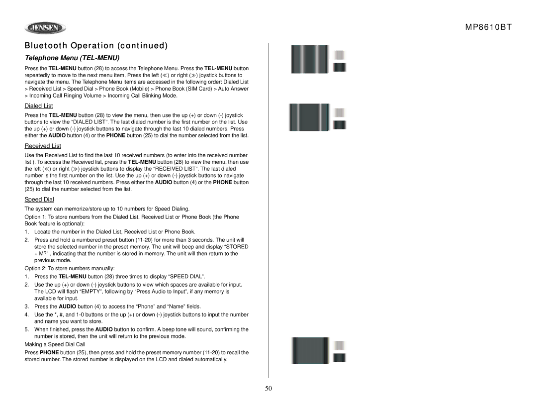 Jensen MP8610BT owner manual Telephone Menu TEL-MENU, Dialed List, Received List, Speed Dial 