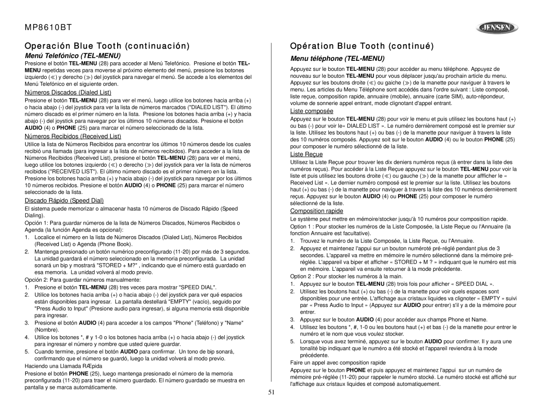 Jensen MP8610BT owner manual Menú Telefónico TEL-MENU, Menu téléphone TEL-MENU 