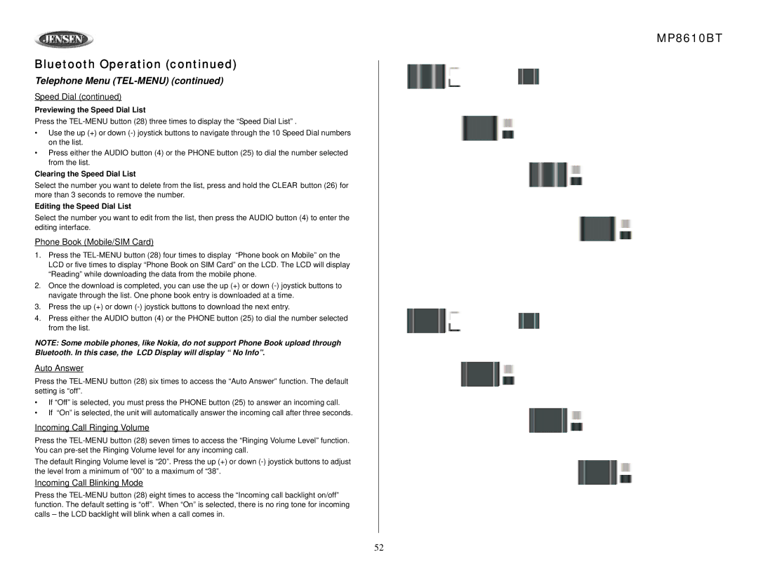 Jensen MP8610BT Phone Book Mobile/SIM Card, Auto Answer, Incoming Call Ringing Volume, Incoming Call Blinking Mode 