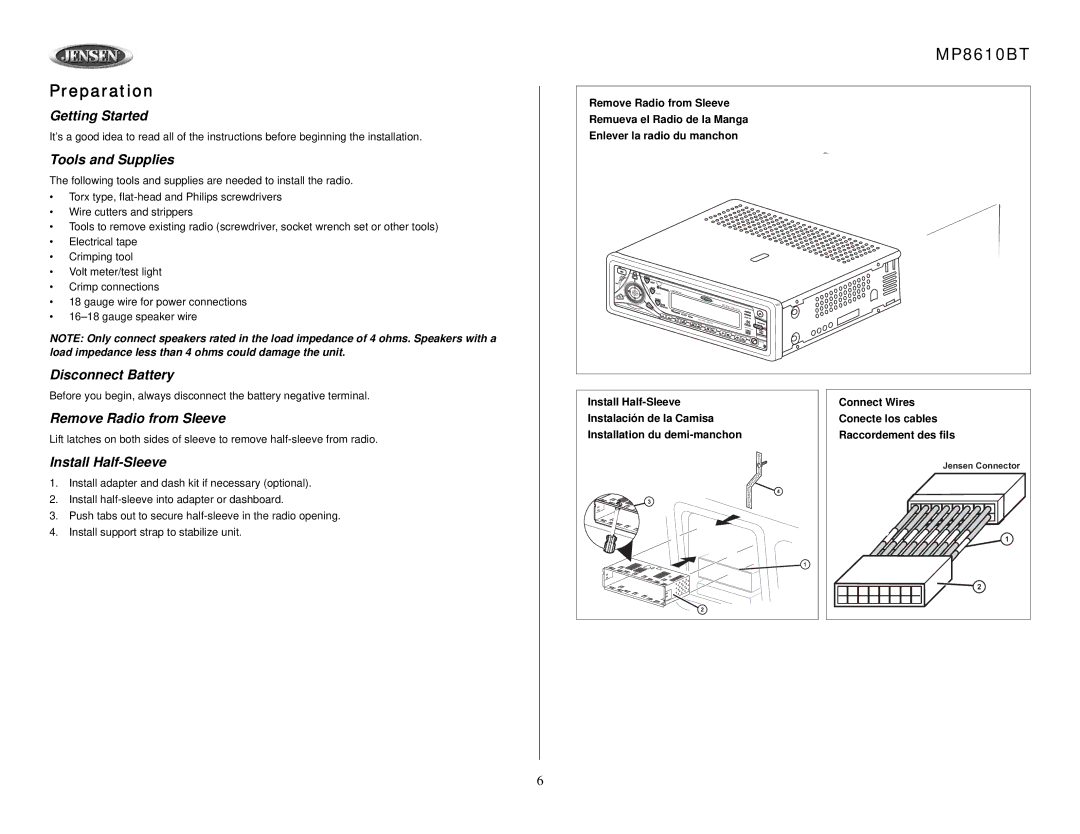 Jensen MP8610BT owner manual Preparation 