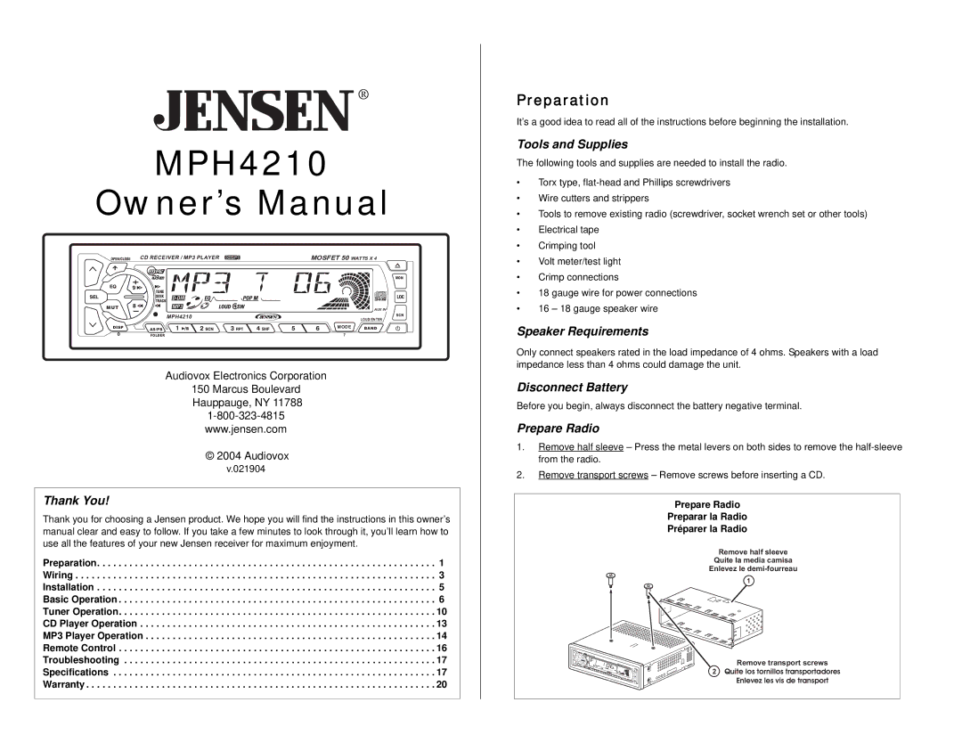 Jensen MPH4210 owner manual Preparation 