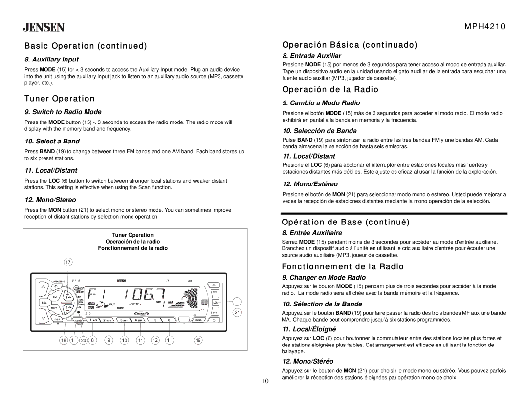 Jensen MPH4210 owner manual Tuner Operation, Operación de la Radio, Fonctionnement de la Radio 