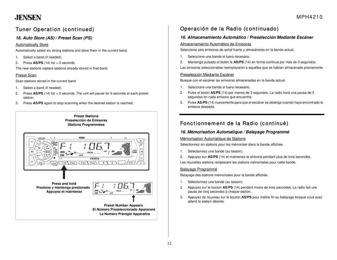 Jensen owner manual MPH4210 Operación de la Radio continuado, Auto Store AS / Preset Scan PS 