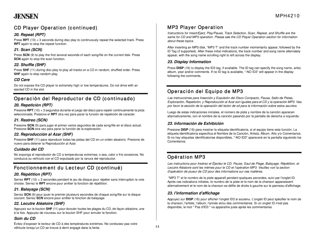 Jensen MPH4210 Operación del Reproductor de CD continuado, Fonctionnement du Lecteur CD continué, Opération MP3 