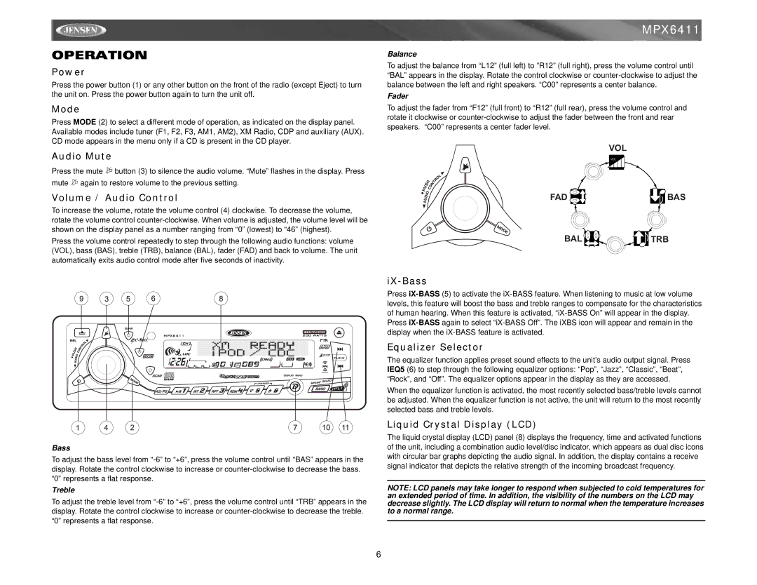 Jensen MPX6411 instruction manual Operation 