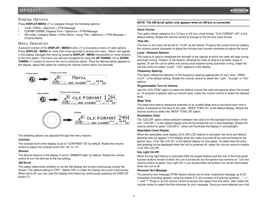 Jensen MPX6411 instruction manual Display Options, Menu Operation 