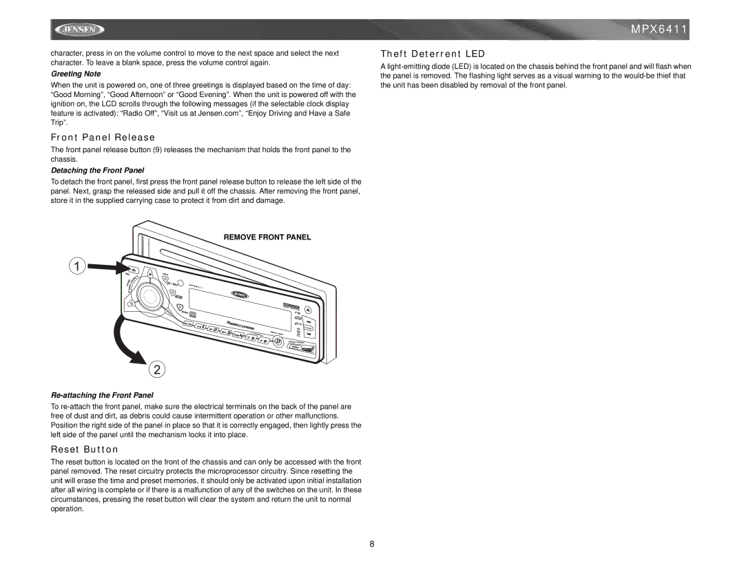 Jensen MPX6411 instruction manual Front Panel Release, Reset Button, Theft Deterrent LED 