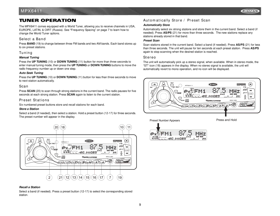 Jensen MPX6411 instruction manual Tuner Operation 