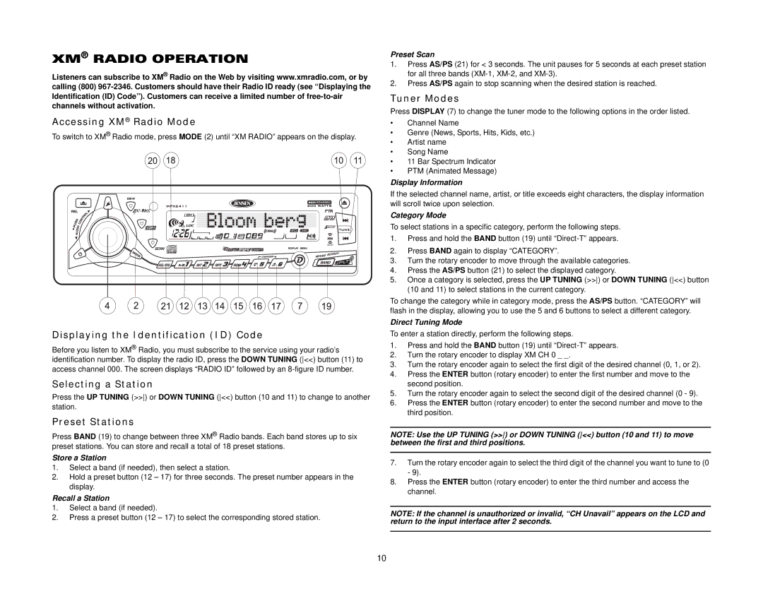 Jensen MPX6411 XM Radio Operation, Accessing XM Radio Mode, Displaying the Identification ID Code, Selecting a Station 