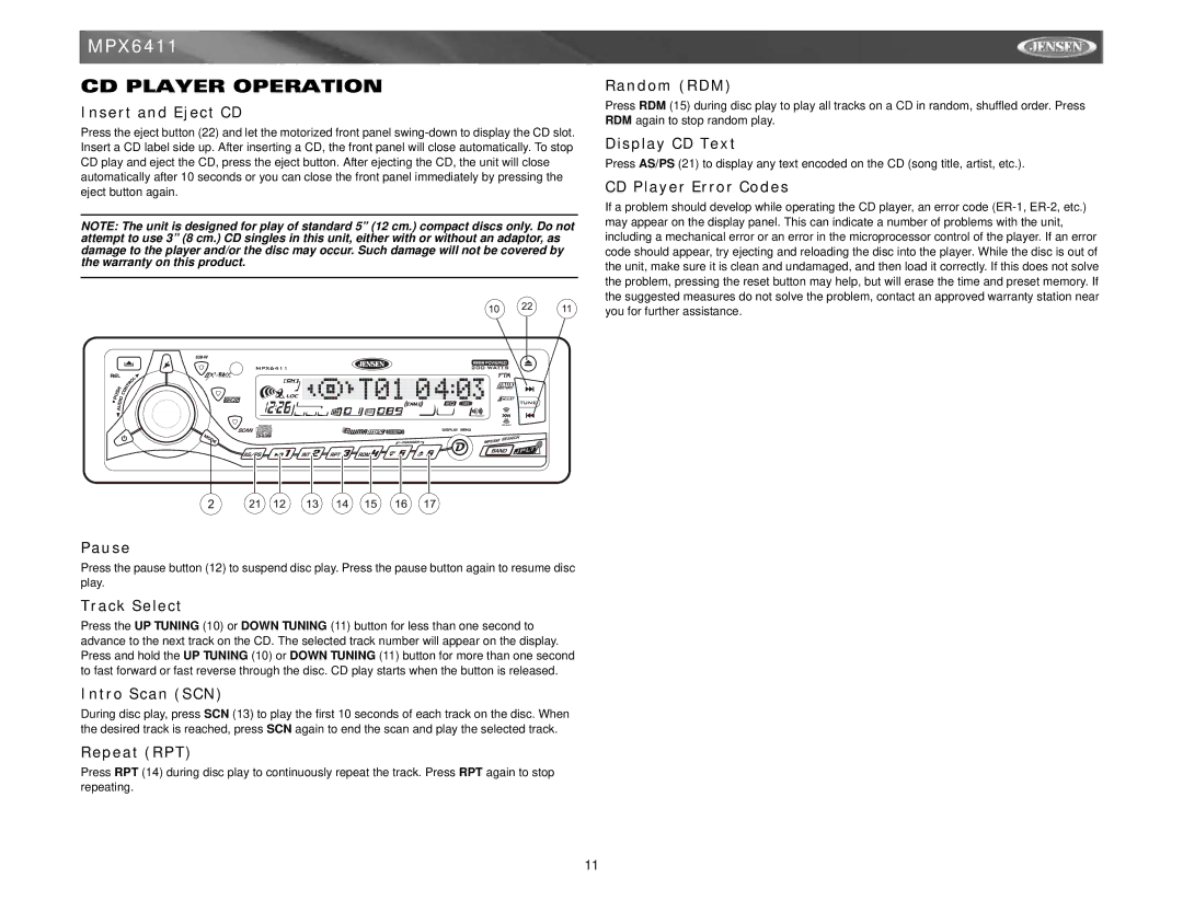 Jensen MPX6411 instruction manual CD Player Operation 