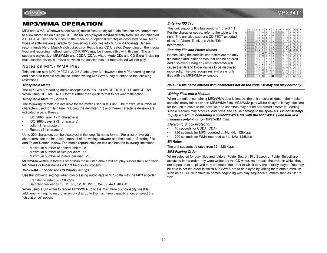 Jensen MPX6411 instruction manual MP3/WMA Operation 