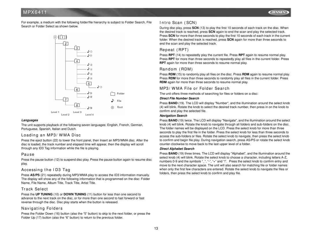 Jensen MPX6411 Loading an MP3/WMA Disc, Accessing the ID3 Tag, Navigating Folders, MP3/WMA File or Folder Search 