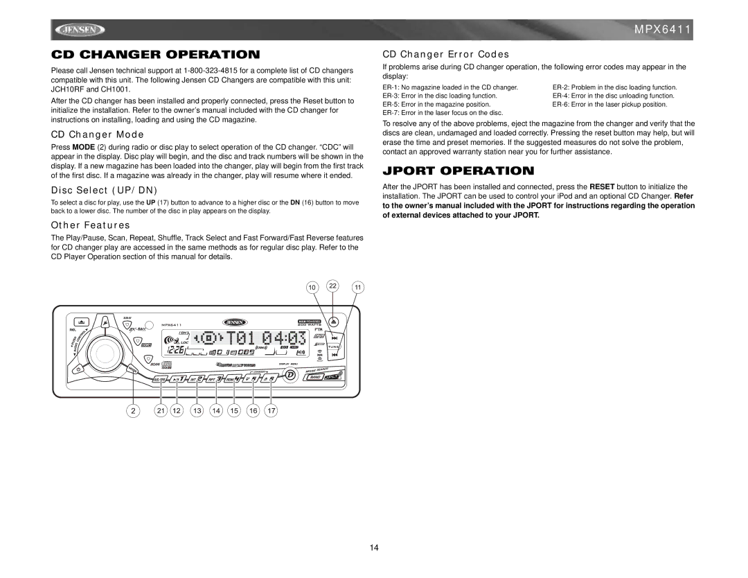 Jensen MPX6411 instruction manual CD Changer Operation, Jport Operation 