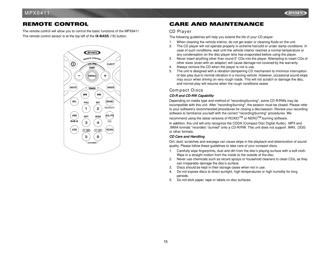 Jensen MPX6411 instruction manual Remote Control, Care and Maintenance, CD Player, Compact Discs 