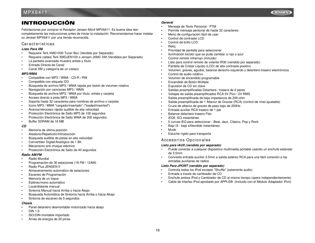 Jensen MPX6411 instruction manual Introducción, Características, Accesorios Opcionales 