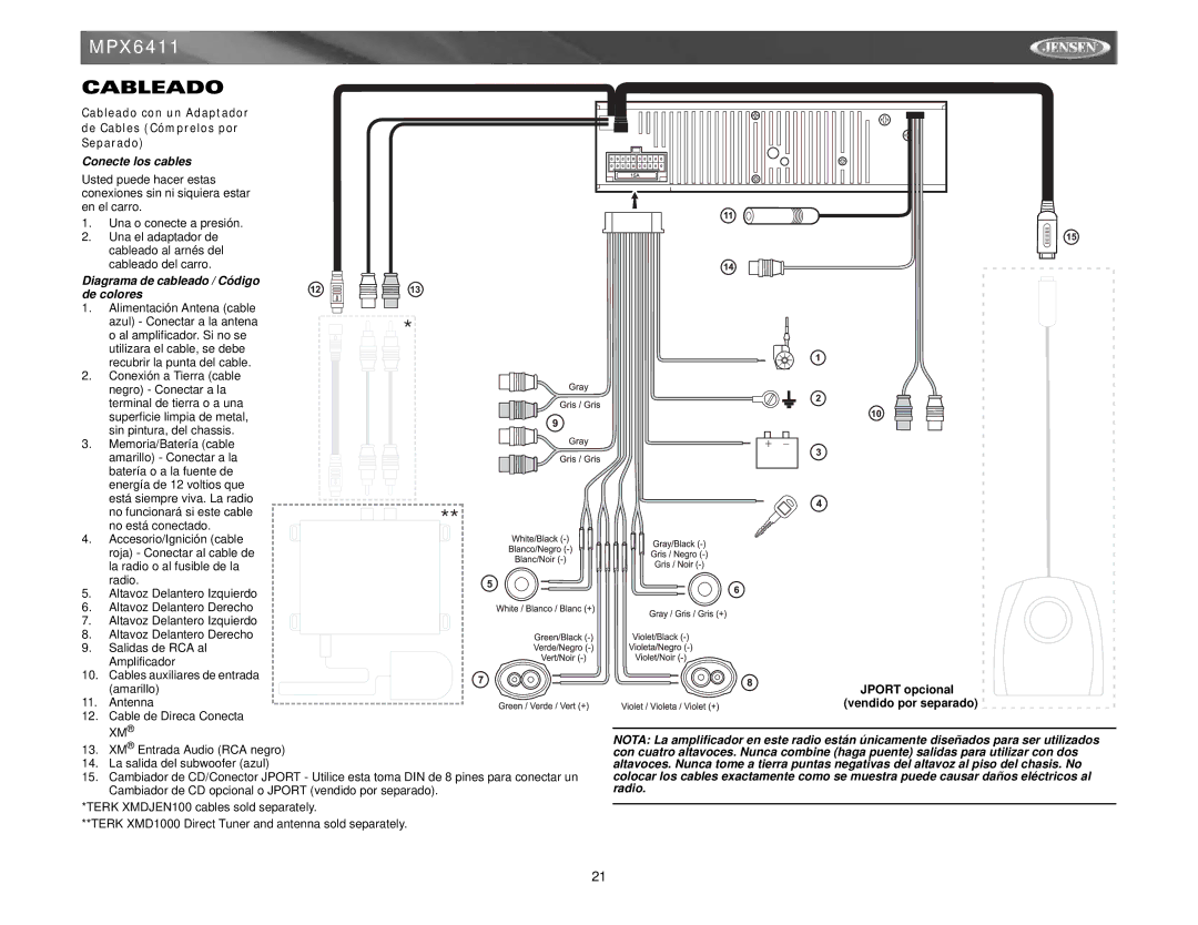 Jensen MPX6411 instruction manual Cableado, Conecte los cables, Diagrama de cableado / Código de colores 