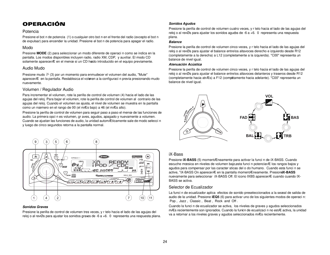 Jensen MPX6411 instruction manual Operación 