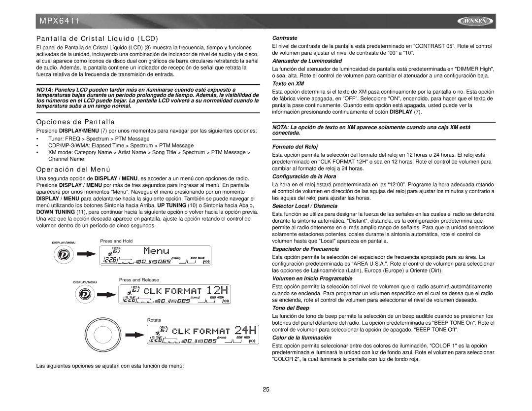 Jensen MPX6411 instruction manual Pantalla de Cristal Líquido LCD, Opciones de Pantalla, Operación del Menú 