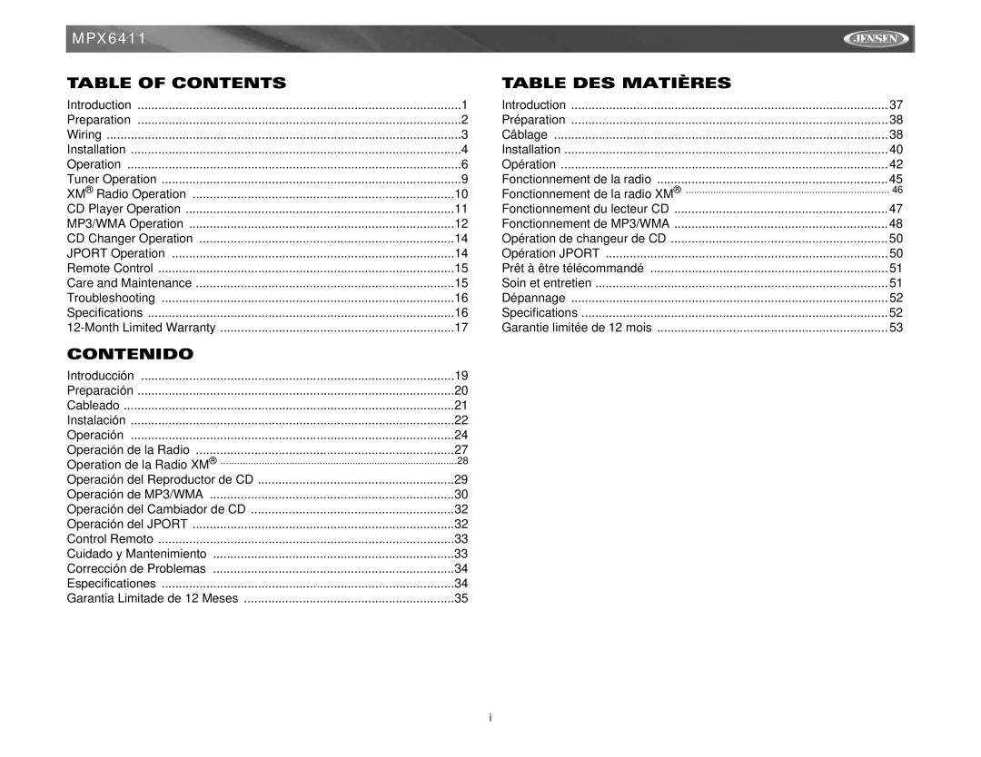 Jensen MPX6411 instruction manual Table of Contents, Contenido, Table DES Matières 