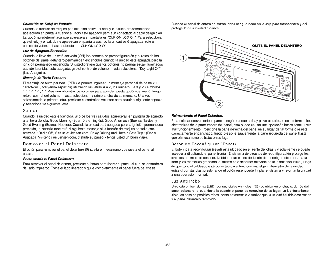 Jensen MPX6411 instruction manual Saludo, Remover el Panel Delantero, Botón de Reconfigurar Reset, Luz Antirrobo 