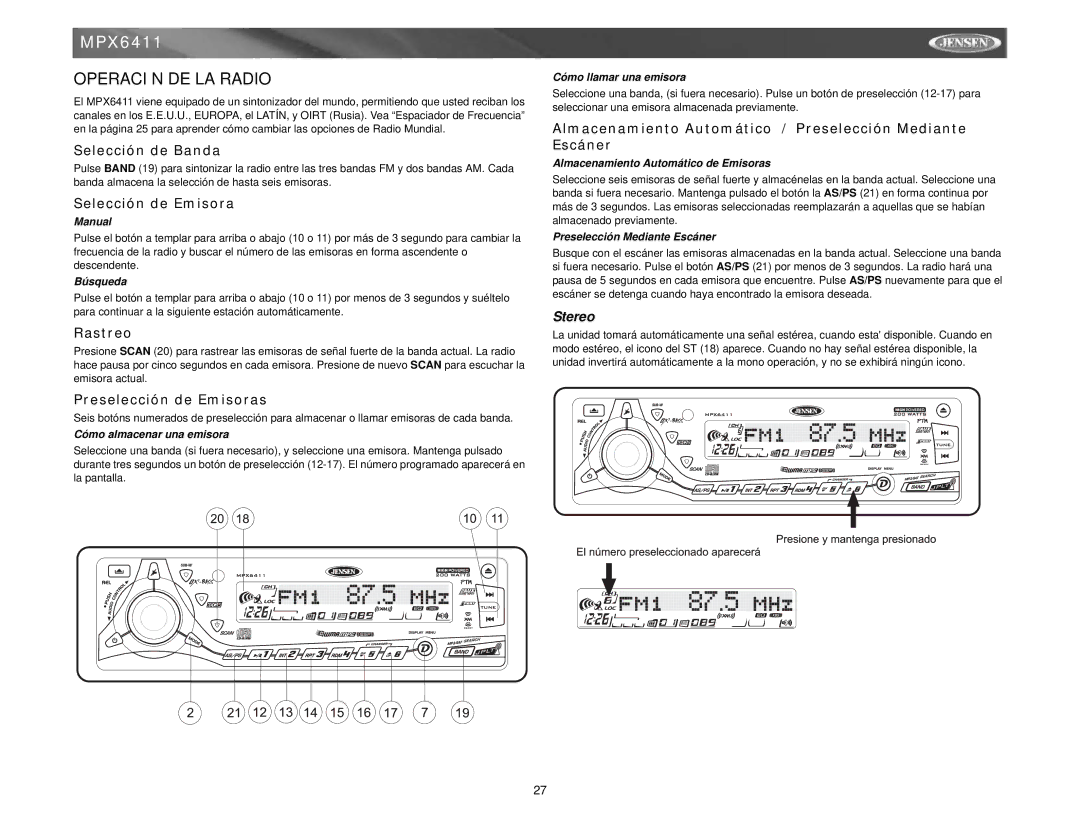 Jensen MPX6411 instruction manual Operación DE LA Radio 