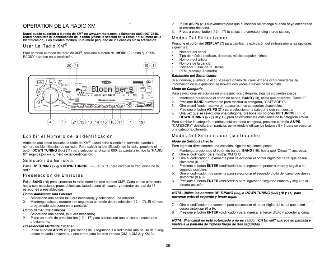 Jensen MPX6411 Operation DE LA Radio XM, Usar La Radio XM, Exhibir el Número de la Identificación, Modos Del Sintonizador 