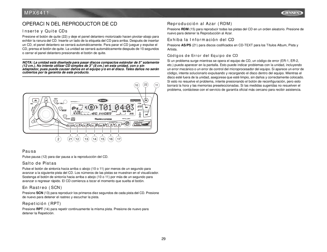 Jensen MPX6411 instruction manual Operación DEL Reproductor DE CD 