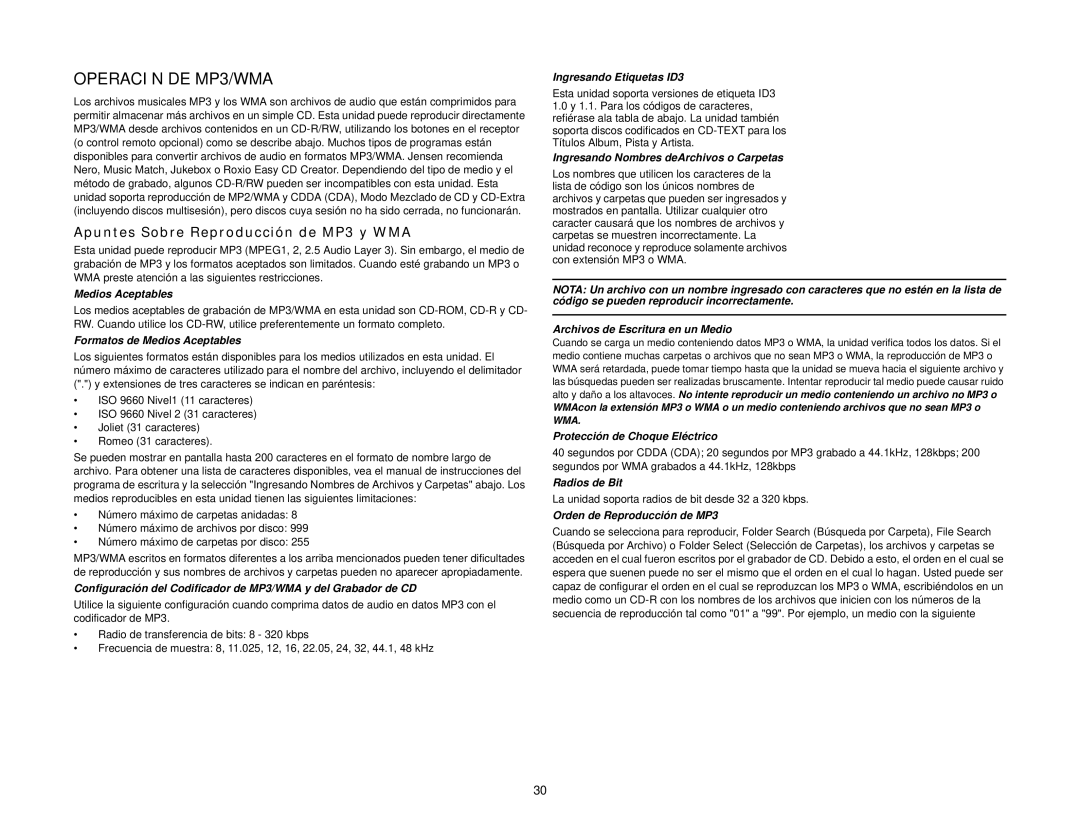 Jensen MPX6411 instruction manual Operación DE MP3/WMA, Apuntes Sobre Reproducción de MP3 y WMA 