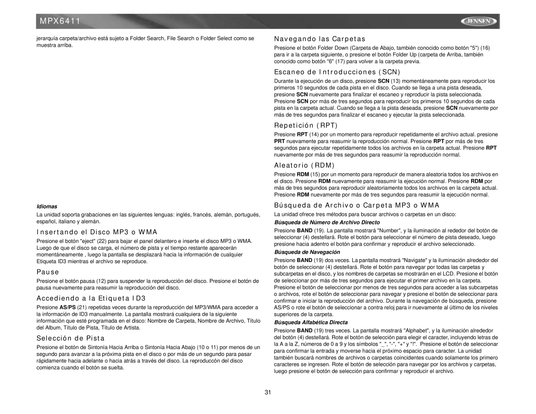 Jensen MPX6411 Insertando el Disco MP3 o WMA, Accediendo a la Etiqueta ID3, Selección de Pista, Navegando las Carpetas 