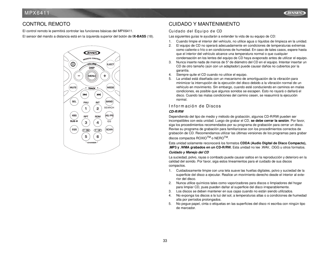 Jensen MPX6411 instruction manual Control Remoto, Cuidado Y Mantenimiento, Información de Discos, Cuidado del Equipo de CD 