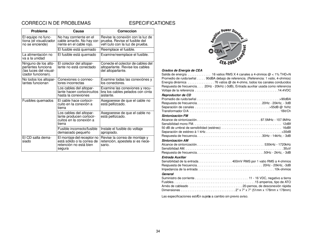 Jensen MPX6411 instruction manual Corrección DE Problemas, Especificationes 