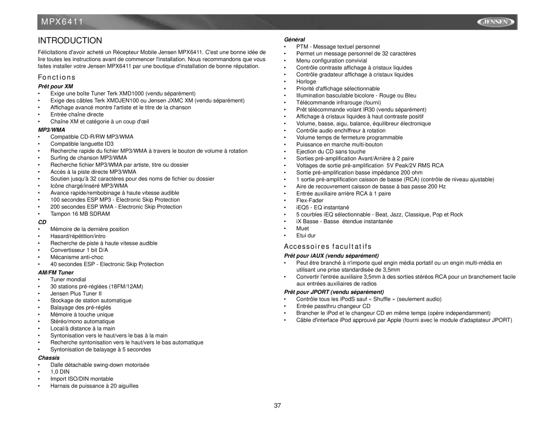 Jensen MPX6411 instruction manual Fonctions, Accessoires facultatifs 