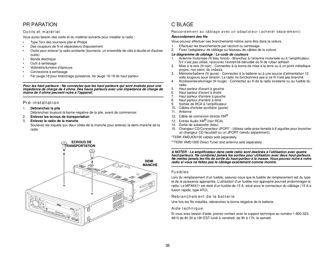 Jensen MPX6411 instruction manual Préparation, Câblage, Pré-installation 